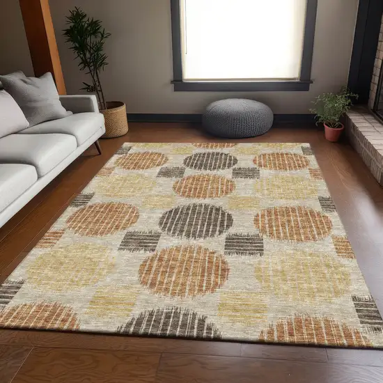 Tan Gold And Brown Geometric Washable Area Rug With UV Protection Photo 6