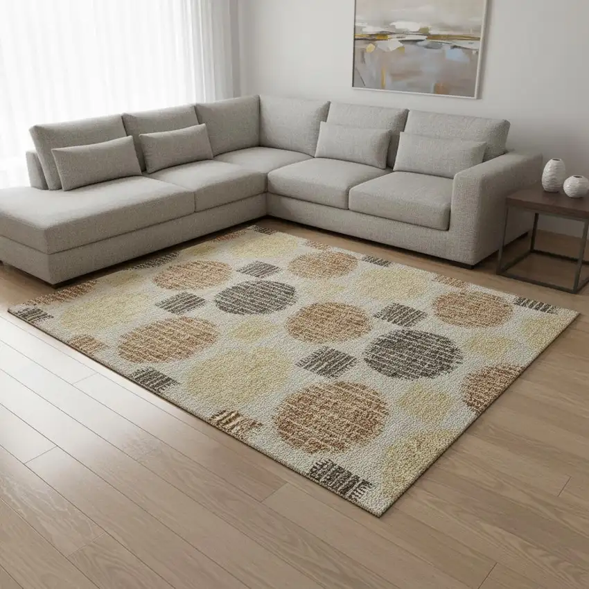 Tan Gold And Brown Geometric Washable Area Rug With UV Protection Photo 2