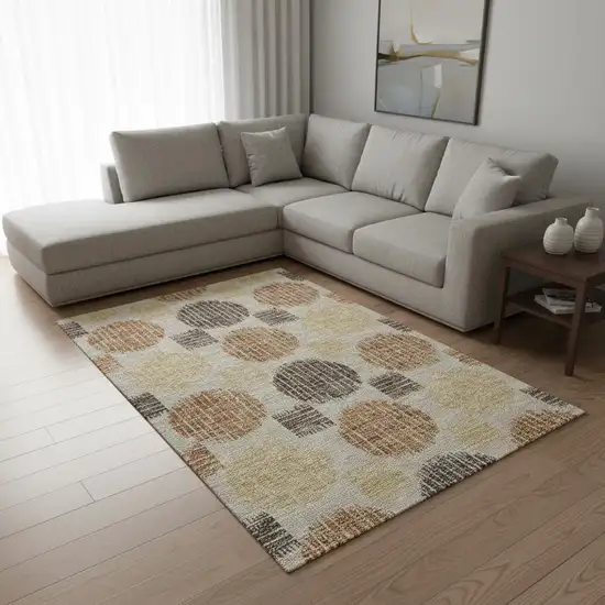 Tan Gold And Brown Geometric Washable Area Rug With UV Protection Photo 2