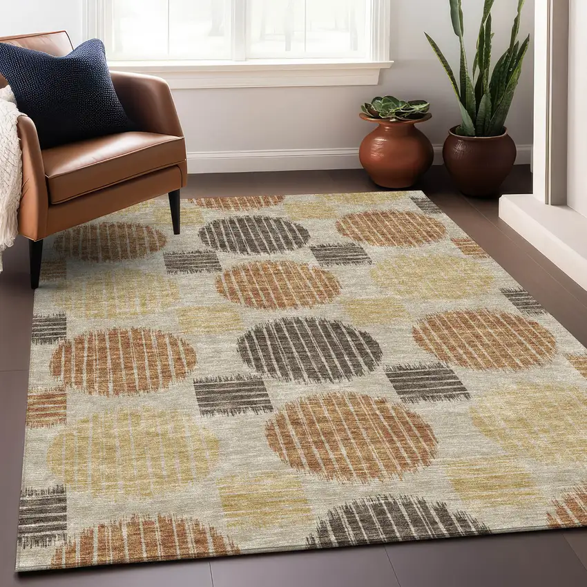 Tan Gold And Brown Geometric Washable Area Rug With UV Protection Photo 5