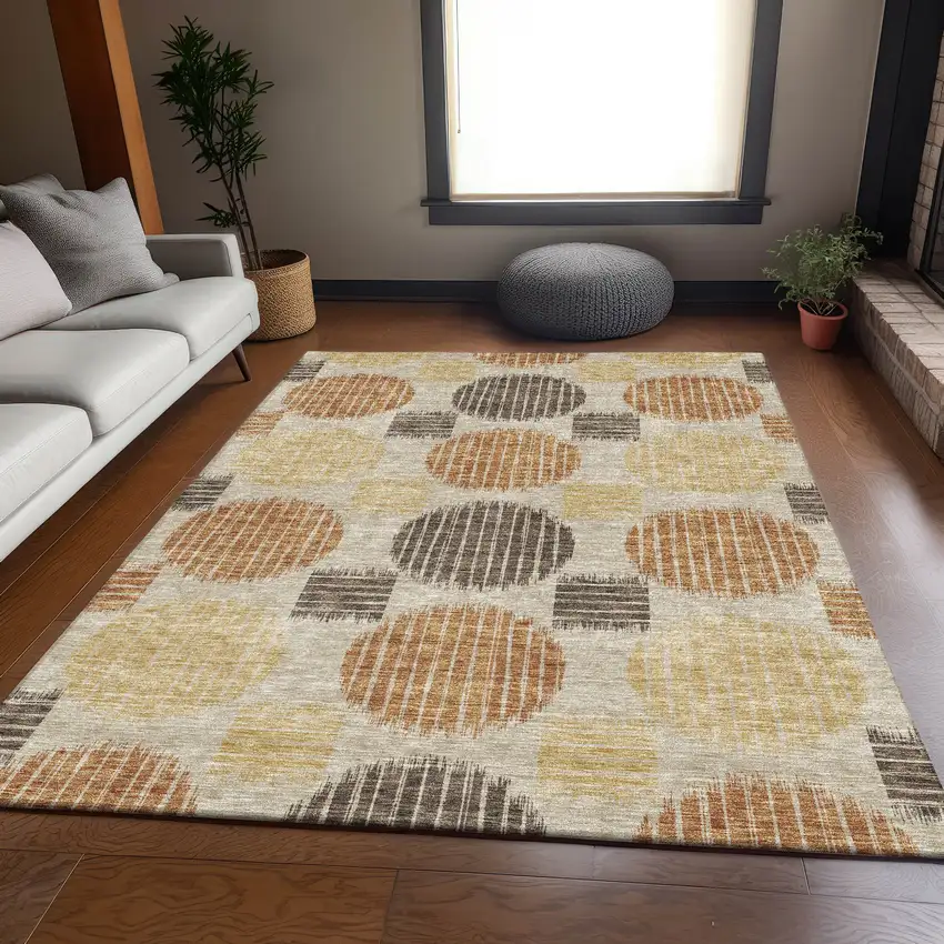 Tan Gold And Brown Geometric Washable Area Rug With UV Protection Photo 6