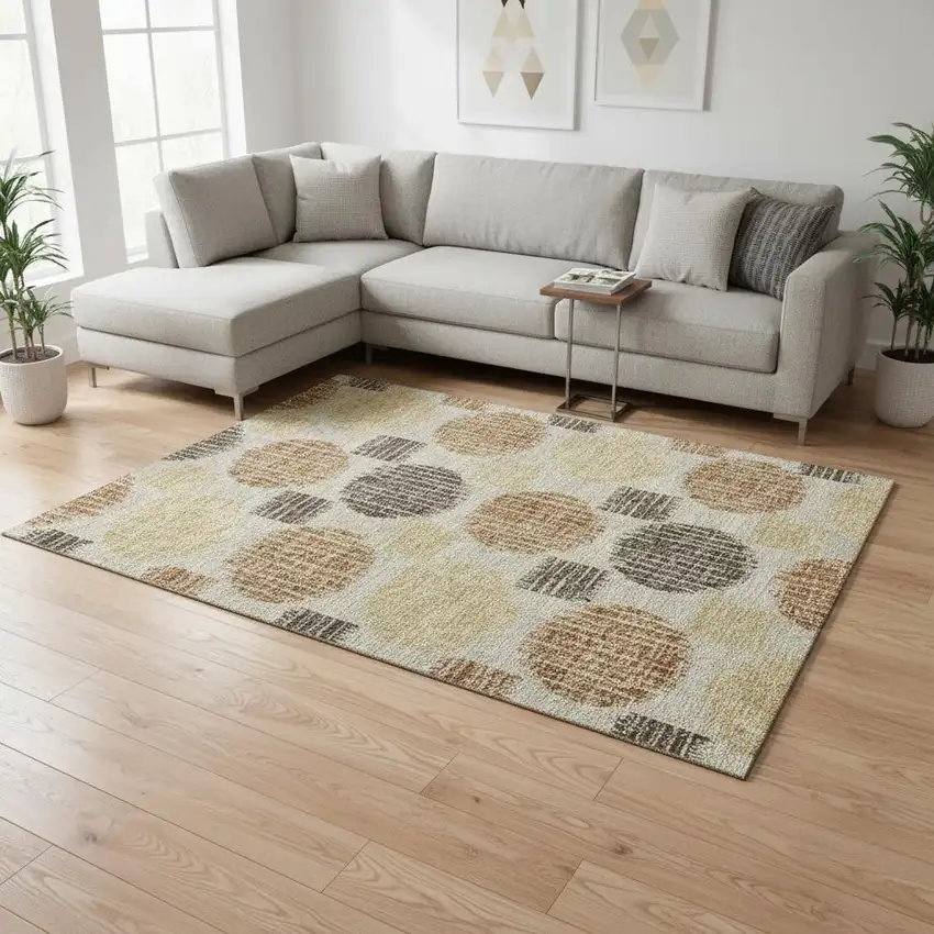 Tan Gold And Brown Geometric Washable Area Rug With UV Protection Photo 2