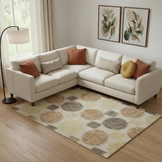 Tan Gold And Brown Geometric Washable Area Rug With UV Protection Photo 1