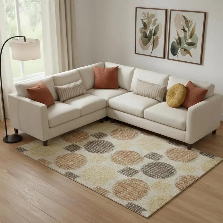 Tan Gold And Brown Geometric Washable Area Rug With UV Protection Photo 1