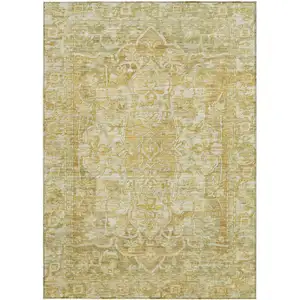 Photo of Tan Gold And Ivory Floral Medallion Washable Indoor Outdoor Area Rug