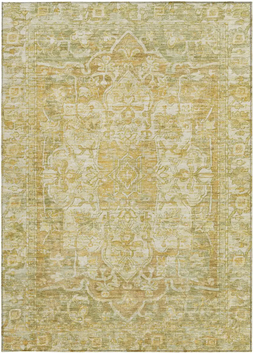 Tan Gold And Ivory Floral Medallion Washable Indoor Outdoor Area Rug Photo 5