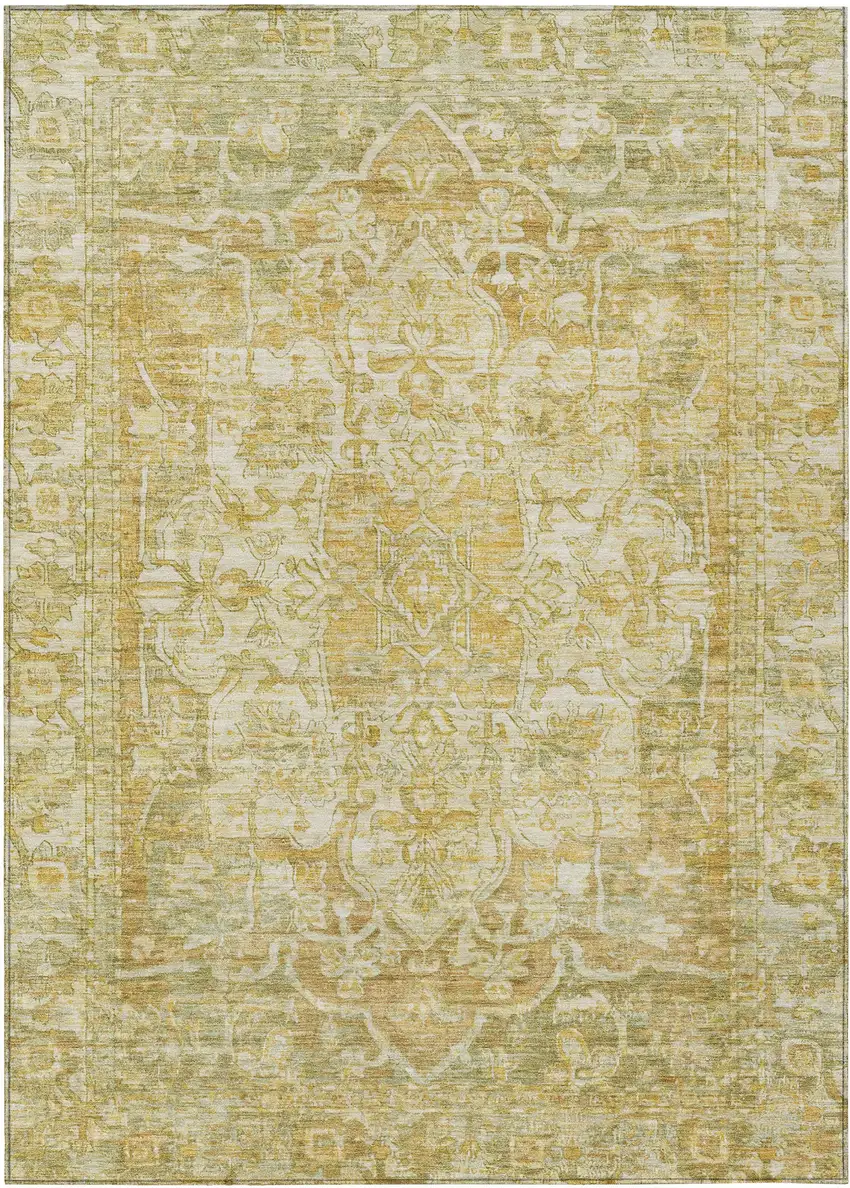 Tan Gold And Ivory Floral Medallion Washable Indoor Outdoor Area Rug Photo 1