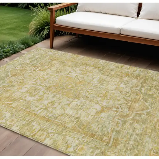 Tan Gold And Ivory Floral Medallion Washable Indoor Outdoor Area Rug Photo 2