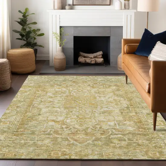 Tan Gold And Ivory Floral Medallion Washable Indoor Outdoor Area Rug Photo 8