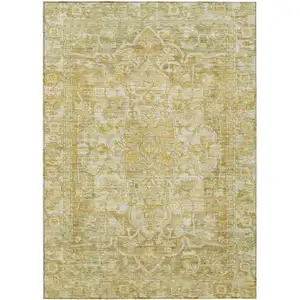 Photo of Tan Gold And Ivory Floral Medallion Washable Indoor Outdoor Area Rug