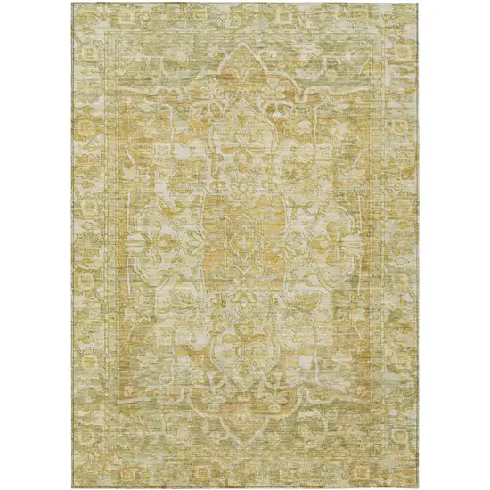 Tan Gold And Ivory Floral Medallion Washable Indoor Outdoor Area Rug Photo 1
