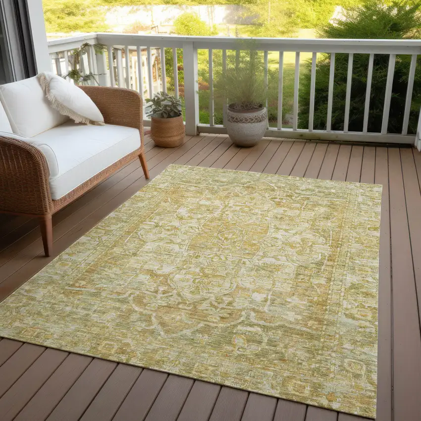 Tan Gold And Ivory Floral Medallion Washable Indoor Outdoor Area Rug Photo 7