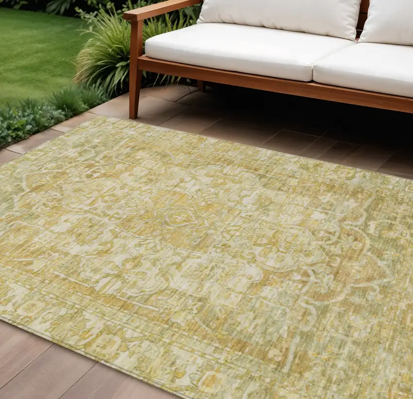 Tan Gold And Ivory Floral Medallion Washable Indoor Outdoor Area Rug Photo 2