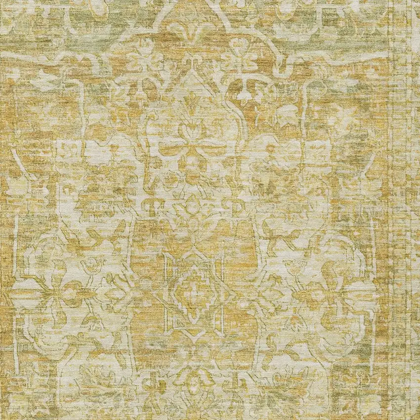 Tan Gold And Ivory Floral Medallion Washable Indoor Outdoor Area Rug Photo 4