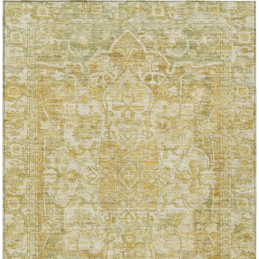 Tan Gold And Ivory Floral Medallion Washable Indoor Outdoor Area Rug Photo 5
