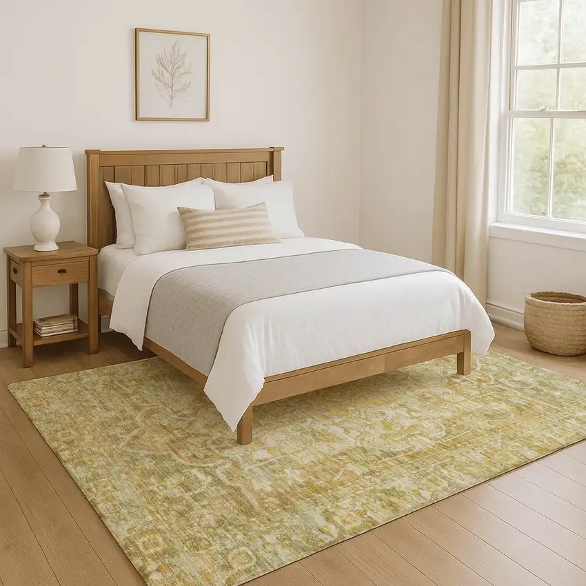 Tan Gold And Ivory Oriental Washable Area Rug With UV Protection Photo 5