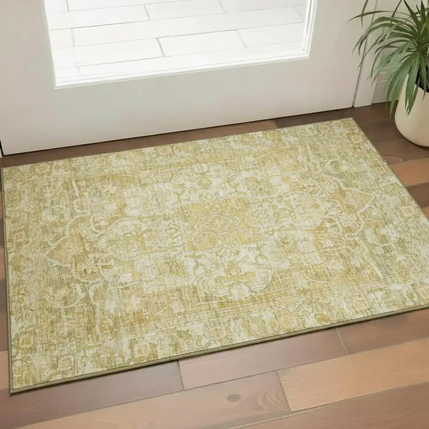 Tan Gold And Ivory Oriental Washable Area Rug With UV Protection Photo 2