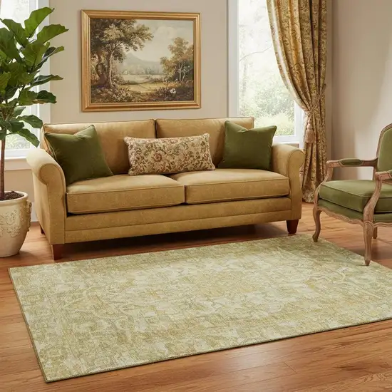 Tan Gold And Ivory Oriental Washable Area Rug With UV Protection Photo 2