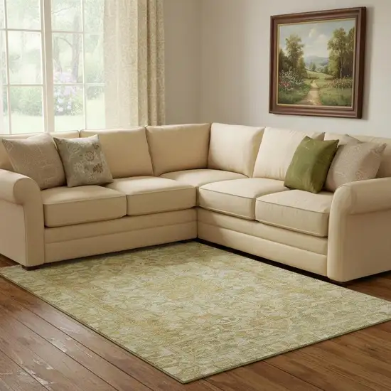 Tan Gold And Ivory Oriental Washable Area Rug With UV Protection Photo 2