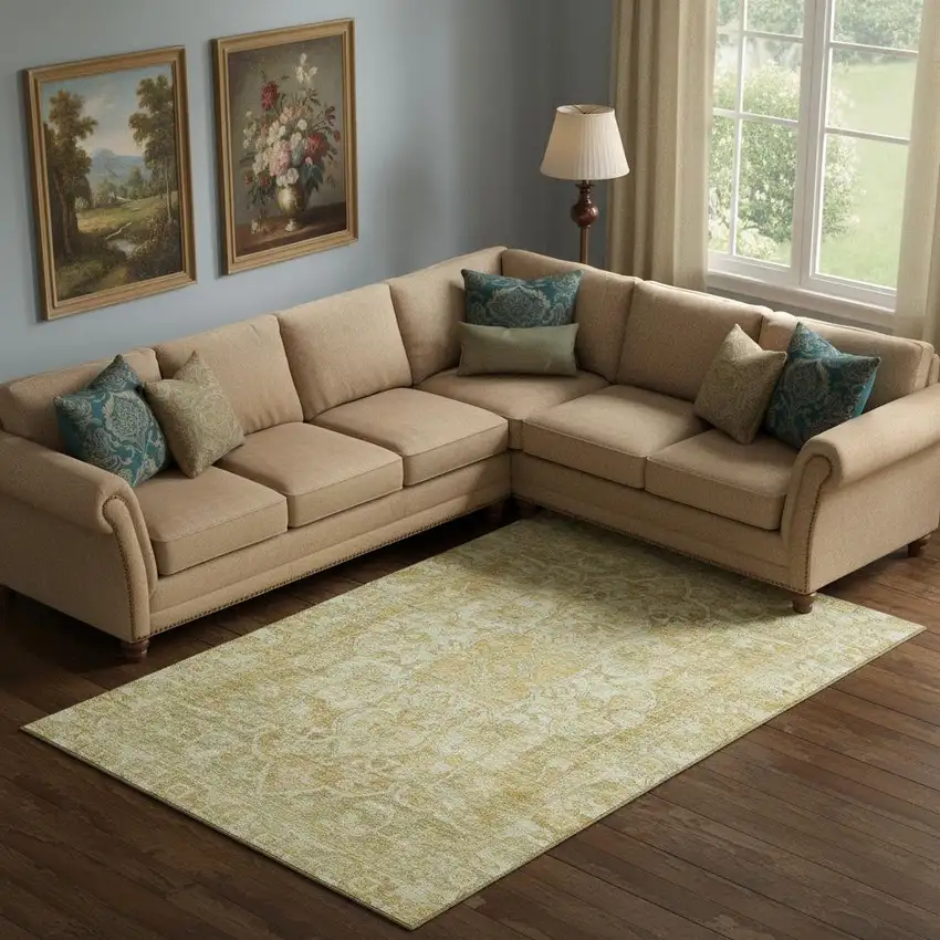 Tan Gold And Ivory Oriental Washable Area Rug With UV Protection Photo 2