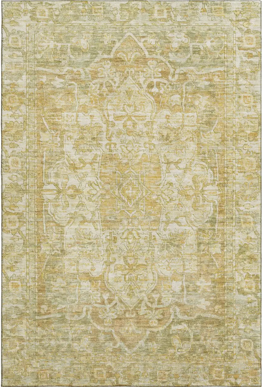 Tan Gold And Ivory Oriental Washable Area Rug With UV Protection Photo 1