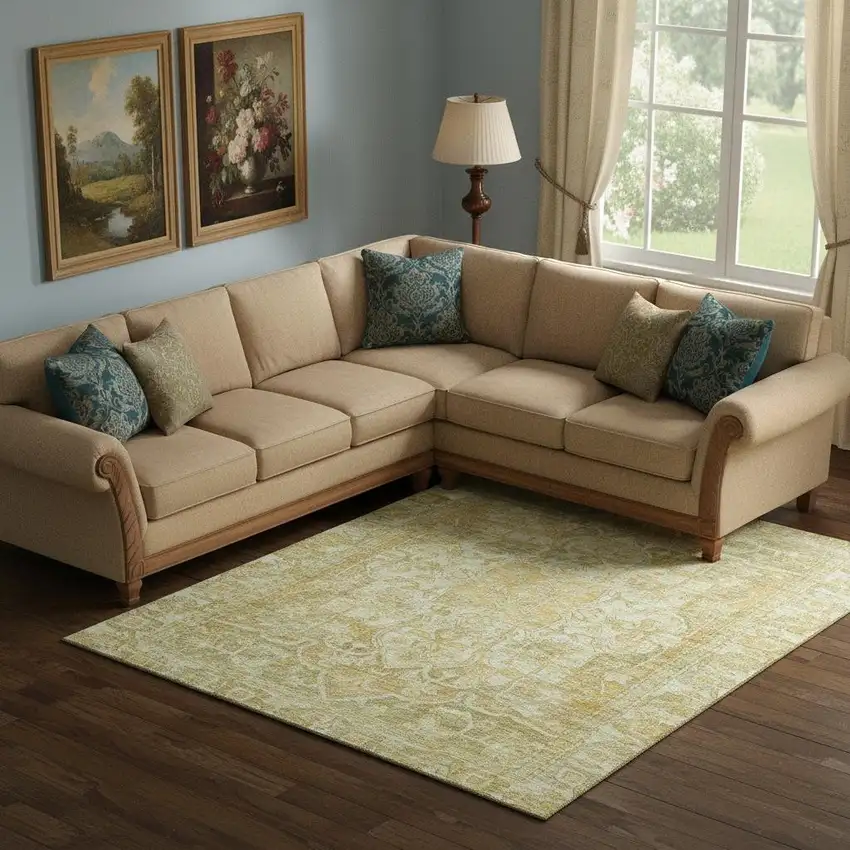 Tan Gold And Ivory Oriental Washable Area Rug With UV Protection Photo 2