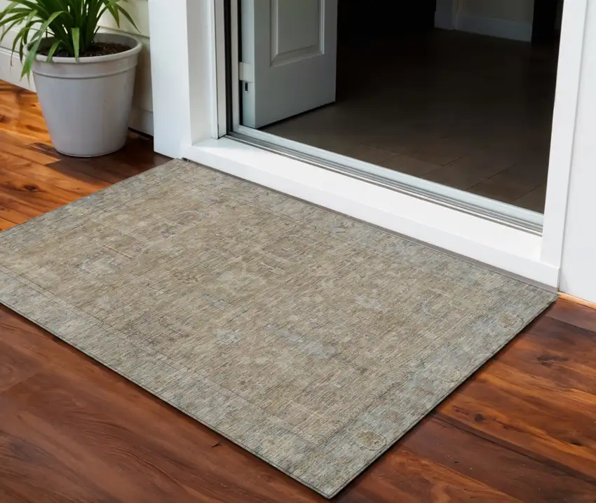 Tan Gray And Brown Oriental Washable Indoor Outdoor Area Rug Photo 1
