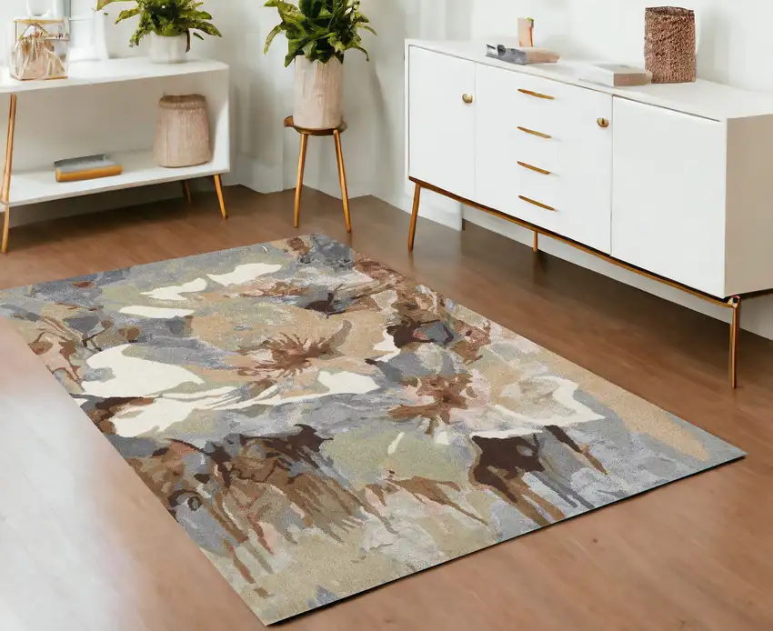 Tan and Gray Wool Floral Hand Tufted Area Rug Photo 1