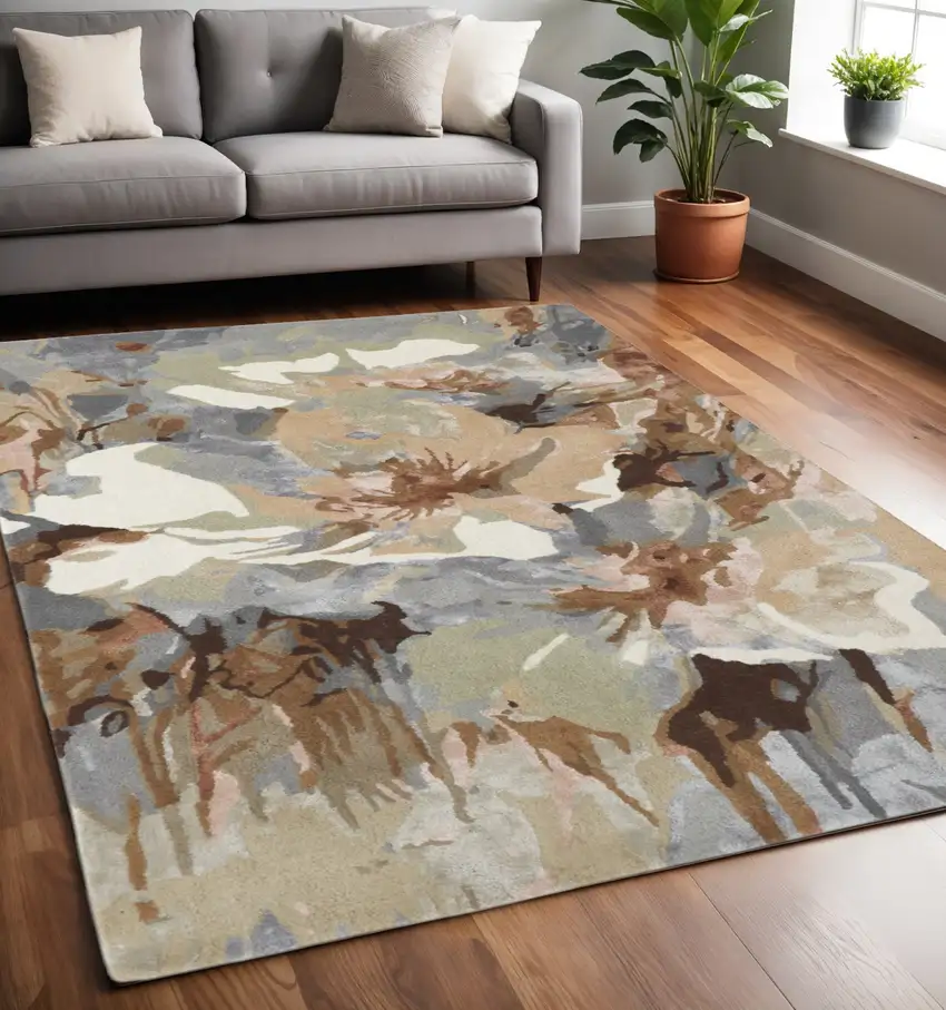 Tan and Gray Wool Floral Hand Tufted Area Rug Photo 1
