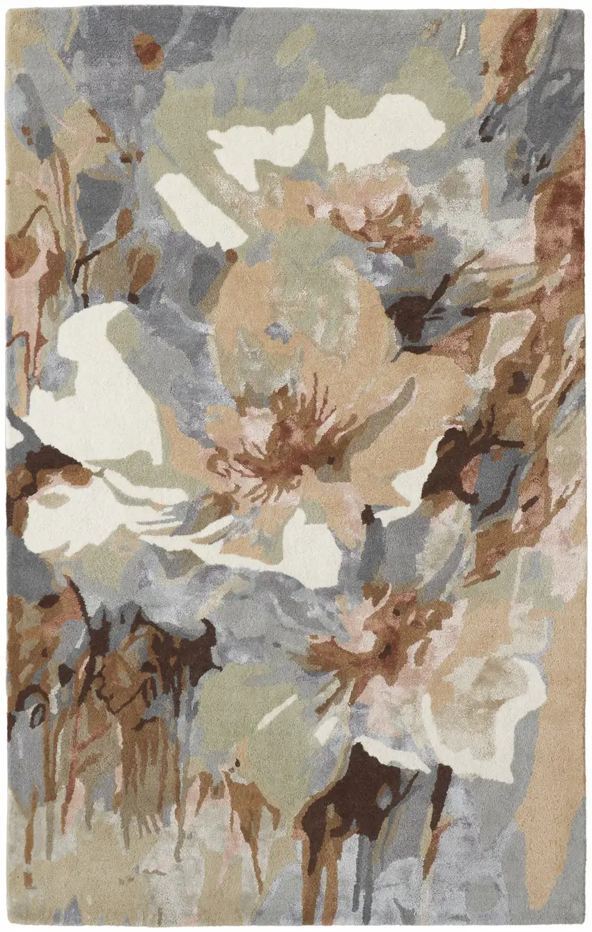 Tan Gray And Green Wool Floral Tufted Handmade Area Rug Photo 1