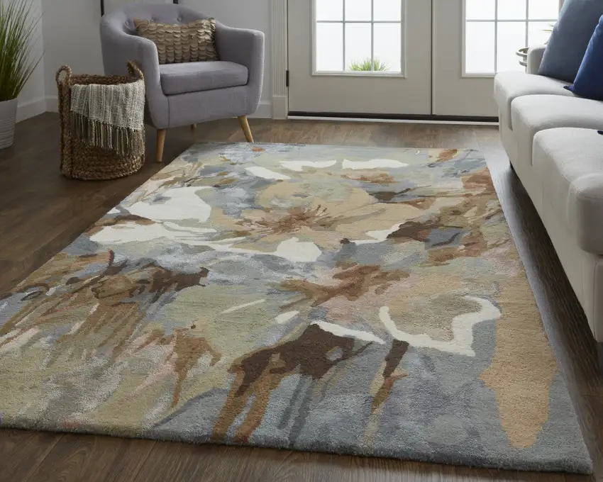 Tan Gray And Green Wool Floral Tufted Handmade Area Rug Photo 6