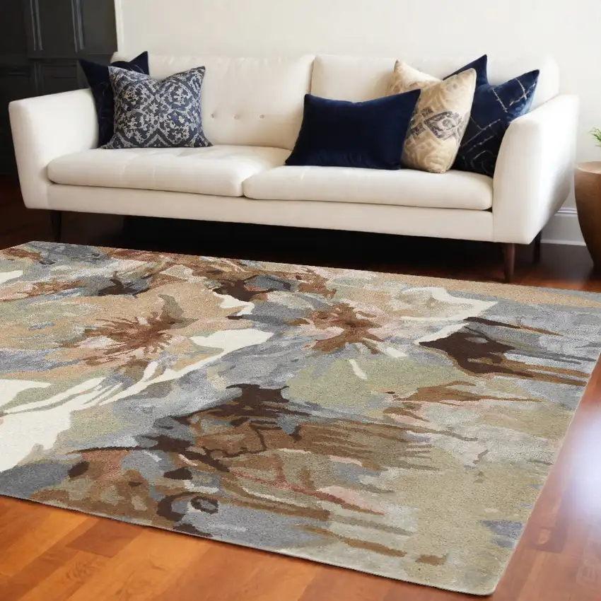 Tan and Gray Wool Floral Hand Tufted Area Rug Photo 1
