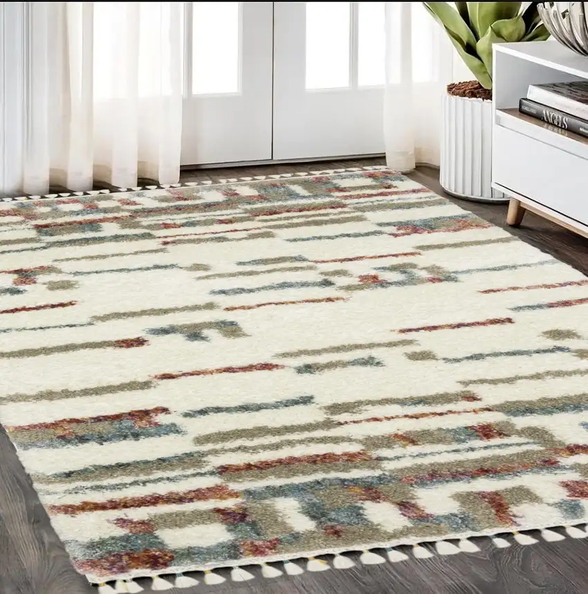 Tan Gray And Ivory Abstract Shag Distressed Area Rug With Fringe Photo 1