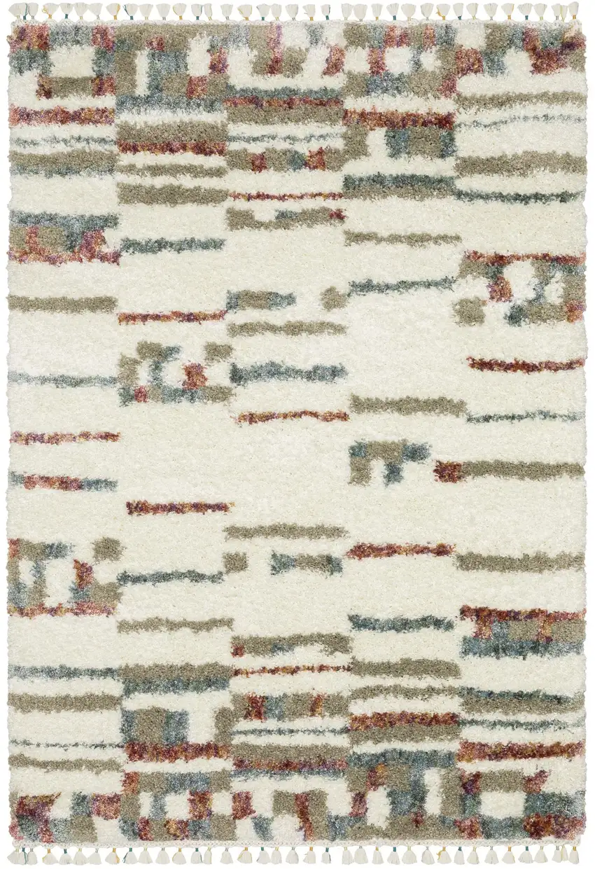 Tan Gray And Ivory Abstract Shag Distressed Area Rug With Fringe Photo 8