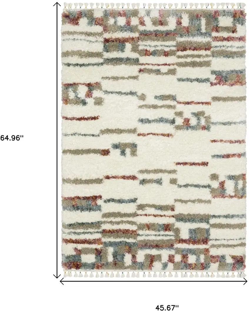 Tan Gray And Ivory Abstract Shag Distressed Area Rug With Fringe Photo 3