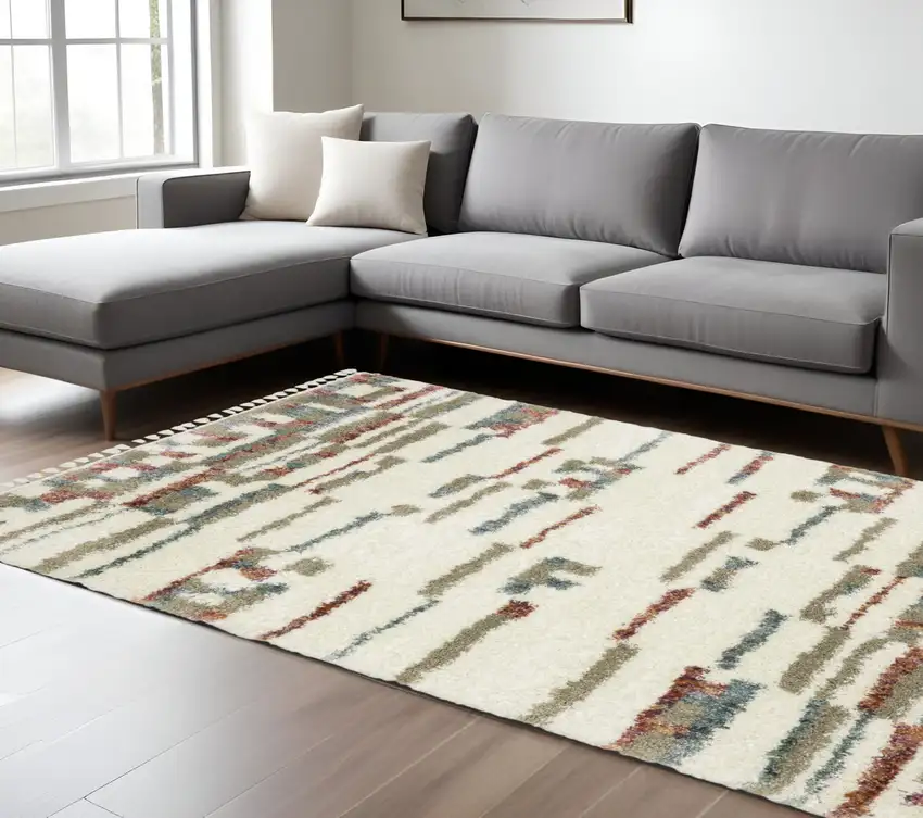 Tan Gray And Ivory Abstract Shag Distressed Area Rug With Fringe Photo 1