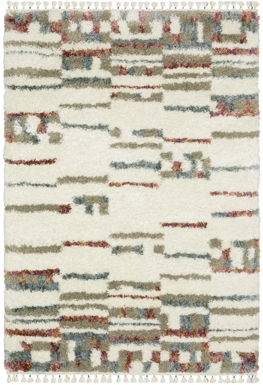 Tan Gray And Ivory Abstract Shag Distressed Area Rug With Fringe Photo 2