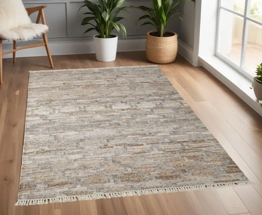 Tan and Gray Geometric Hand Woven Area Rug With Fringe Photo 1