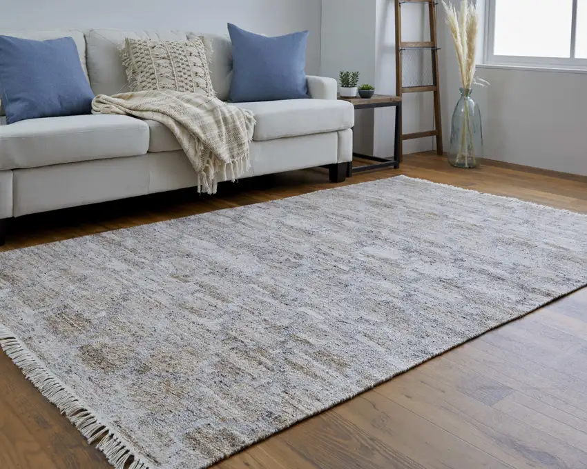 Tan and Gray Geometric Hand Woven Area Rug With Fringe Photo 5