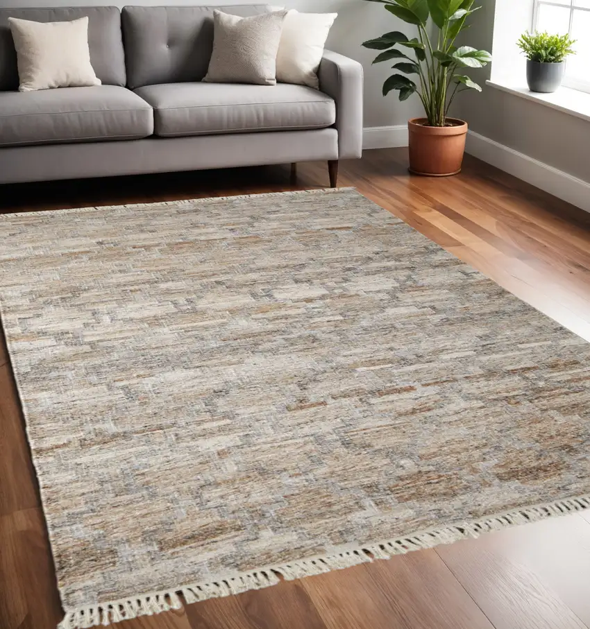 Tan and Gray Geometric Hand Woven Area Rug With Fringe Photo 1