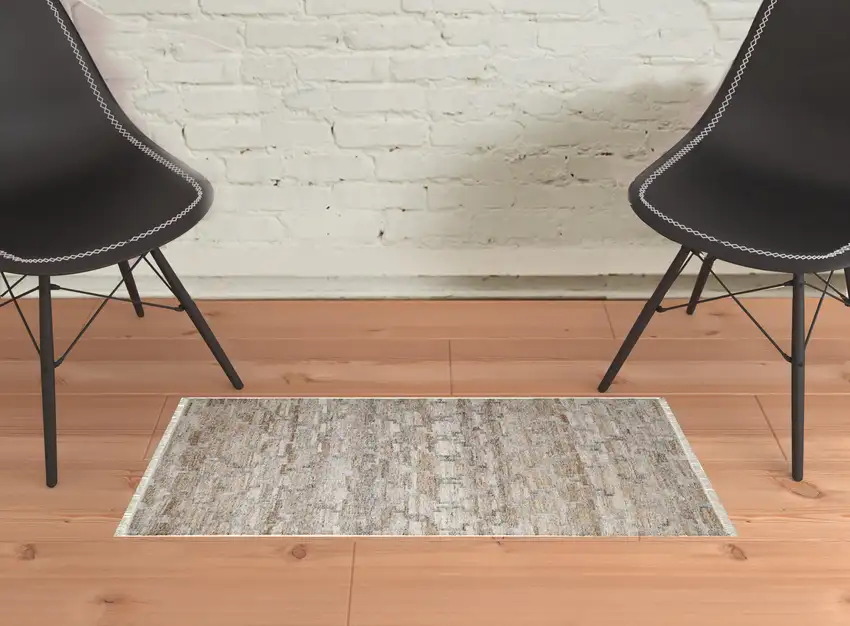 Tan Gray And Ivory Geometric Hand Woven Stain Resistant Area Rug With Fringe Photo 2