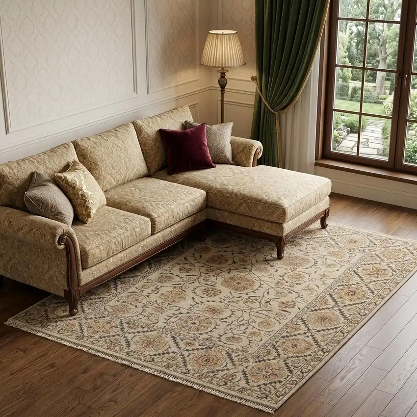 Tan Gray And Red Wool Oriental Hand Knotted Area Rug Photo 1