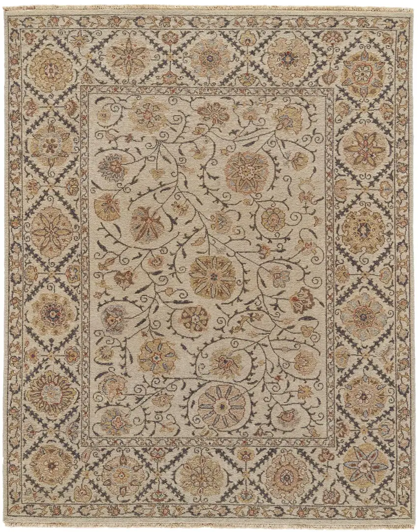 Tan Gray And Red Wool Oriental Hand Knotted Area Rug Photo 2