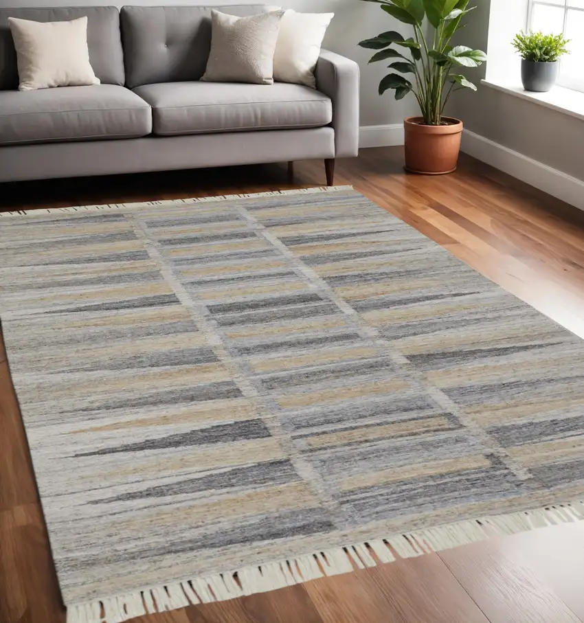 Tan Gray And Taupe Geometric Hand Woven Stain Resistant Area Rug With Fringe Photo 1