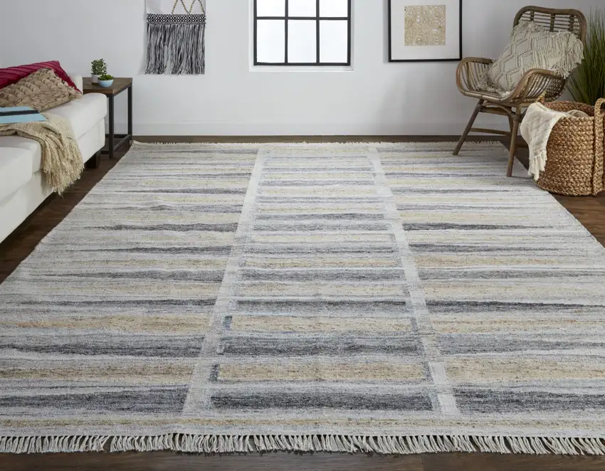 Gray Black And Brown Geometric Hand Woven Area Rug With Fringe Photo 5