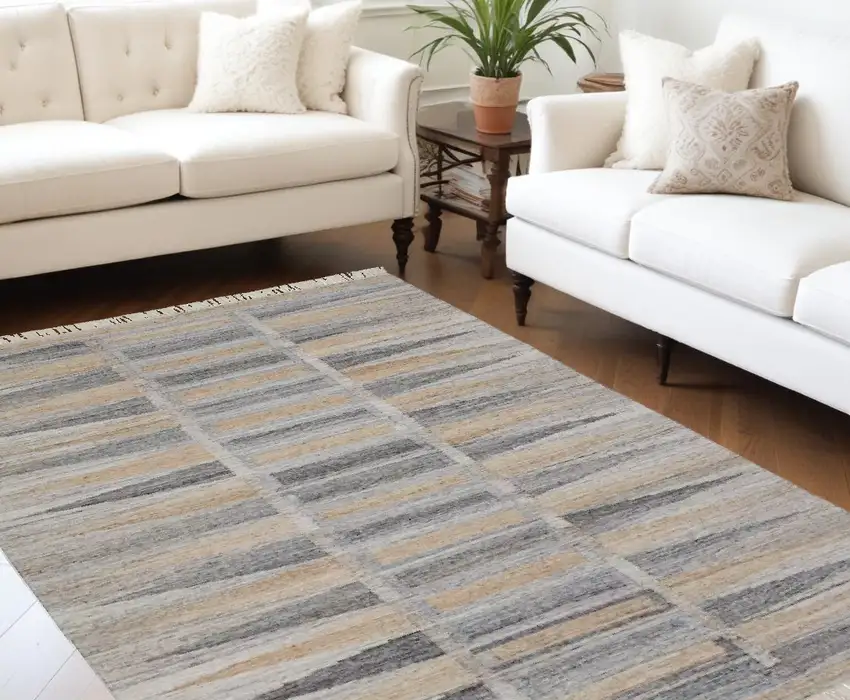 Tan Gray And Taupe Geometric Hand Woven Stain Resistant Area Rug With Fringe Photo 1