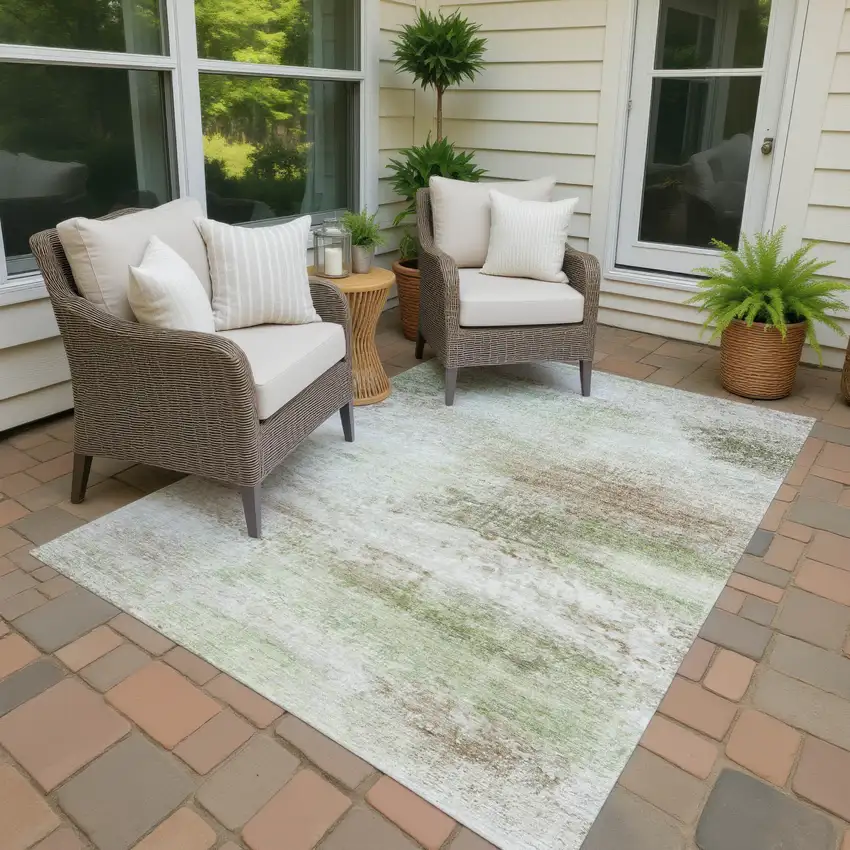 Tan Green And Beige Abstract Washable Indoor Outdoor Area Rug Photo 3