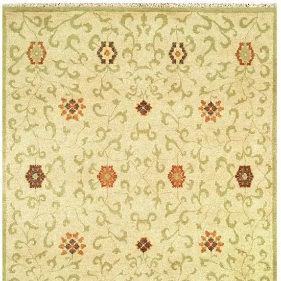 Tan Green And Orange Wool Floral Hand Knotted Area Rug With Fringe Photo 4