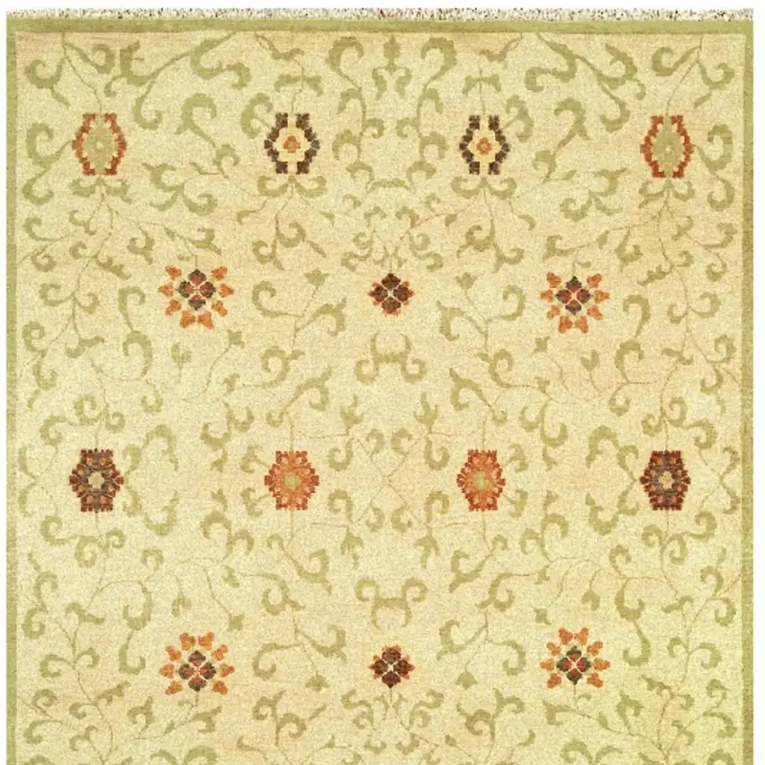 Tan Green And Orange Wool Floral Hand Knotted Area Rug With Fringe Photo 4