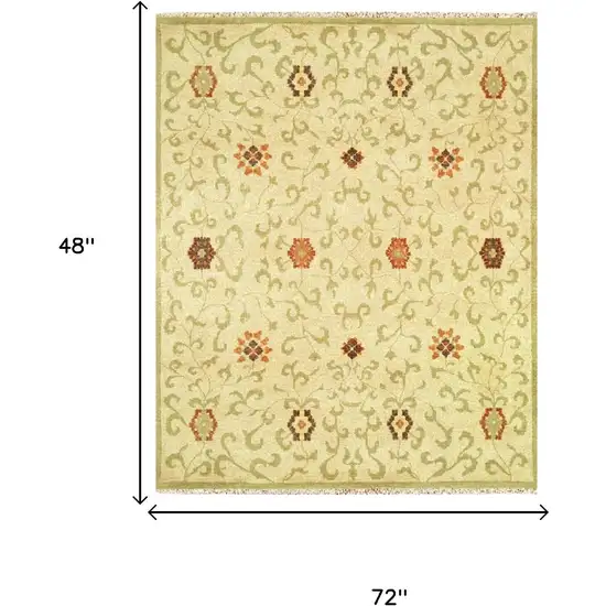 Tan Green And Orange Wool Floral Hand Knotted Area Rug With Fringe Photo 5